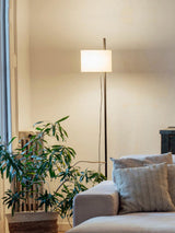 Modern Slim Silhouette Floor Lamp with Geometric Wood Base and White Fabric Shade