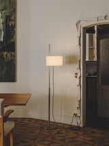 Modern Slim Silhouette Floor Lamp with Geometric Wood Base and White Fabric Shade