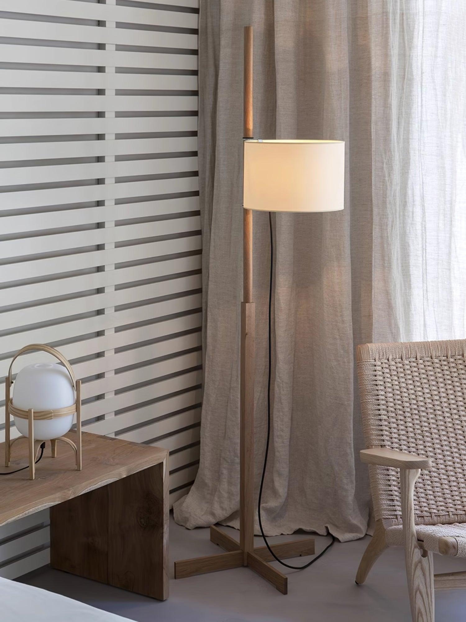 Modern Slim Silhouette Floor Lamp with Geometric Wood Base and White Fabric Shade