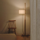 Modern Slim Silhouette Floor Lamp with Geometric Wood Base and White Fabric Shade