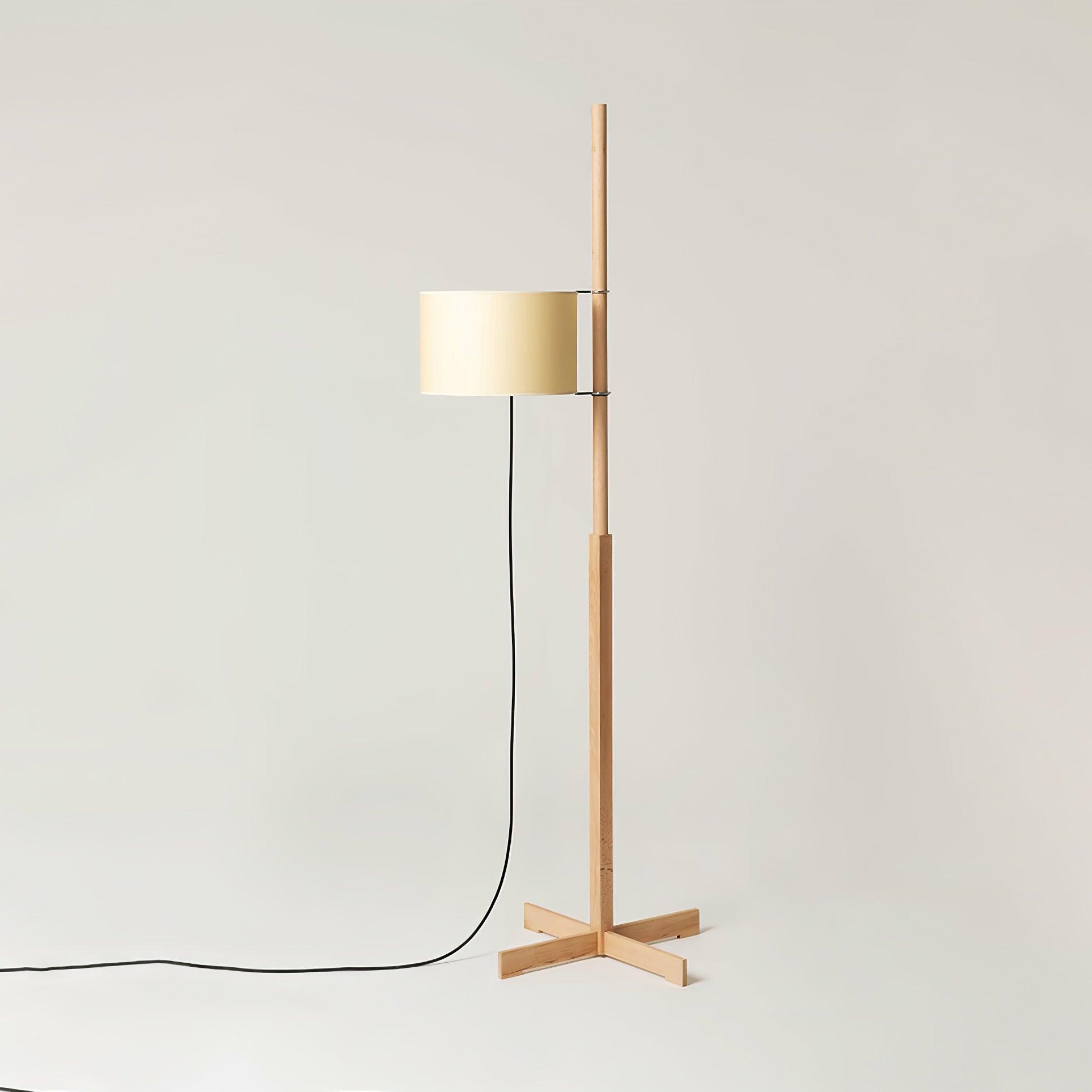 Modern Slim Silhouette Floor Lamp with Geometric Wood Base and White Fabric Shade
