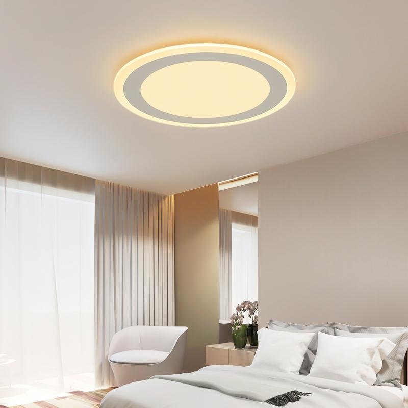 Minimalist White Round Flush Mount LED Ceiling Light with Gray Accent for Bedroom and Living Room
