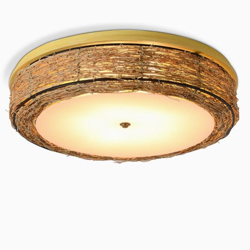 Modern Burlywood Wicker Flush Mount Ceiling Light Fixture for Low Profile Spaces