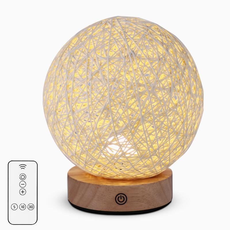 Rustic 6 Inch Global Natural Rattan Wicker Table Lamp with LED Light and Wooden Base for Bedroom and Living Room