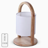 Modern Rubber Wood Portable Lantern Table Lamp Cordless Battery Operated Accent Light with Linen Shade