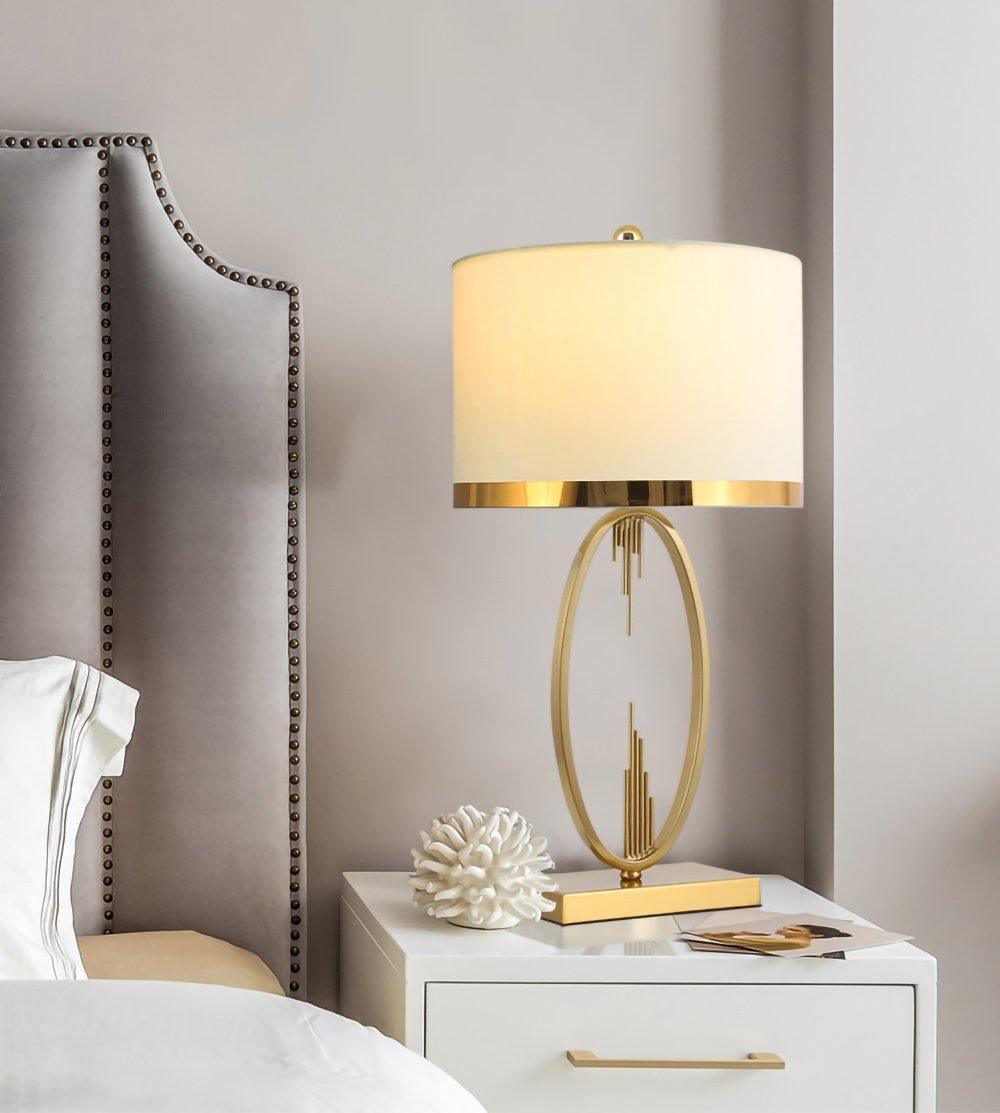 Modern Copper Metal Table Lamp with White Linen Shade for Bedroom and Office