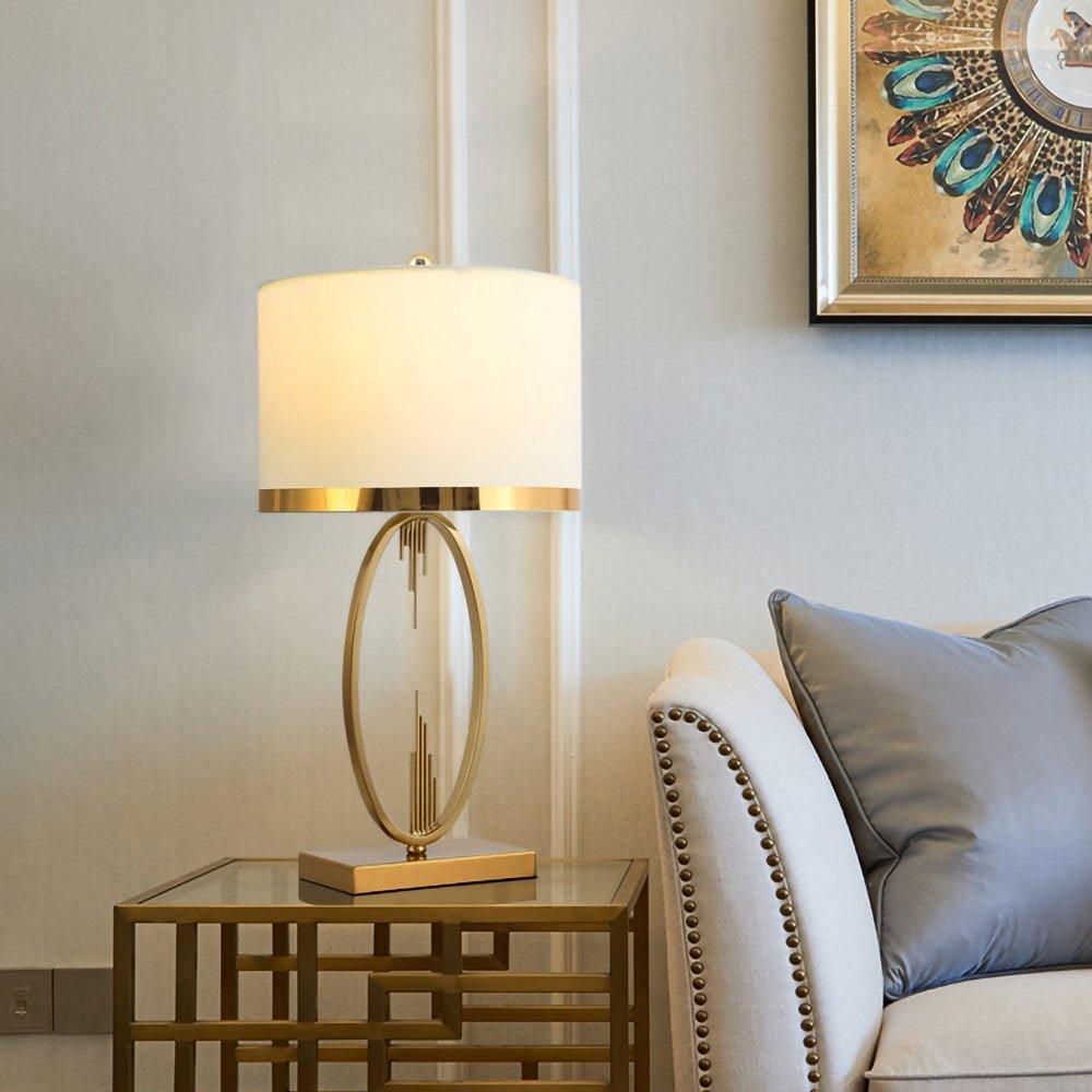 Modern Copper Metal Table Lamp with White Linen Shade for Bedroom and Office