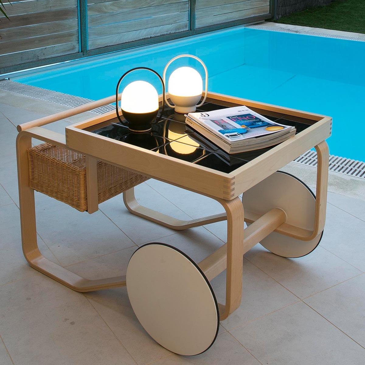 Portable LED Table Lamp with Glass Shade and Integrated Metal Handle for Indoor Use