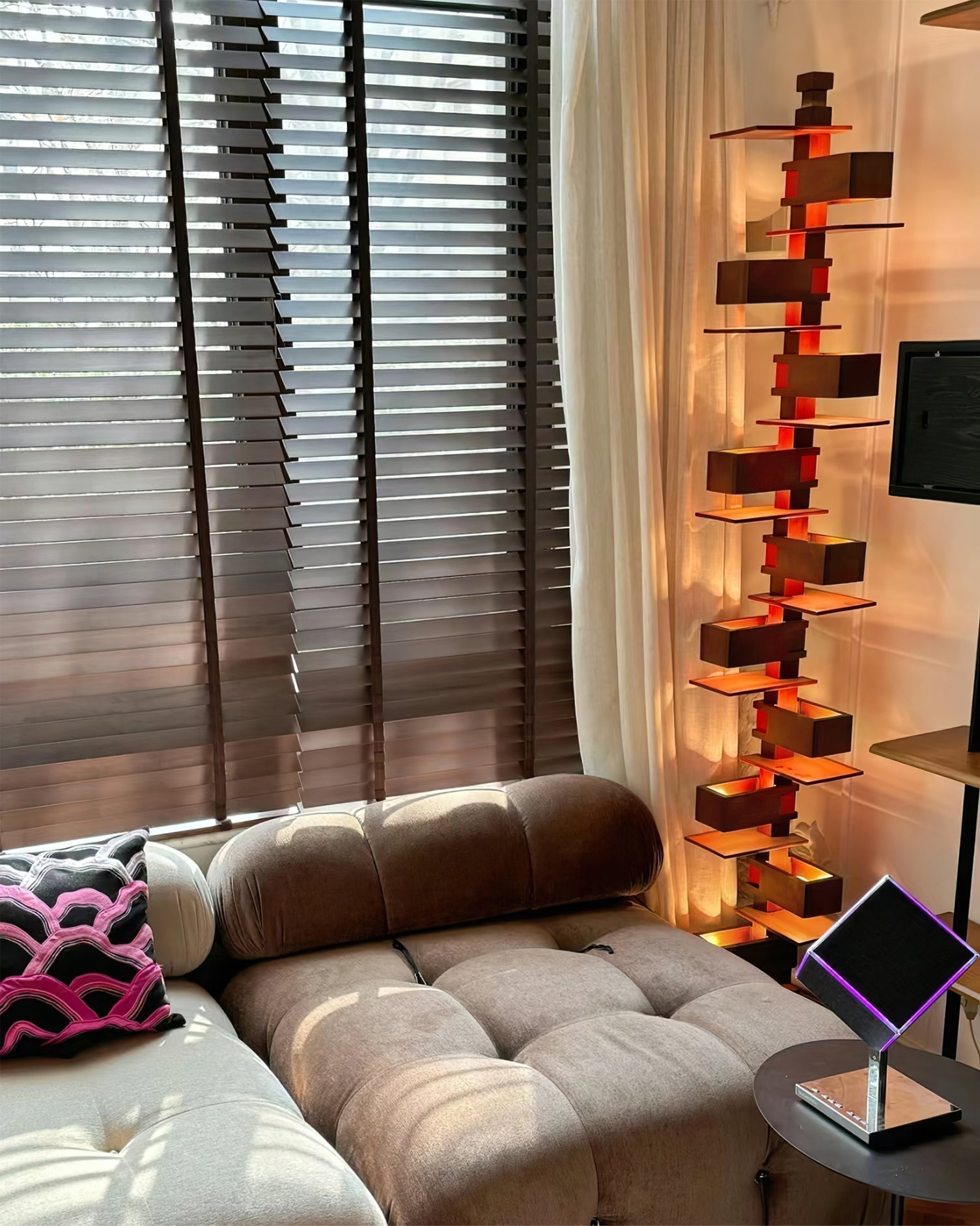 Modern Taliesin Style Stacked Wood Box Floor Lamp with Warm Ambient Uplight