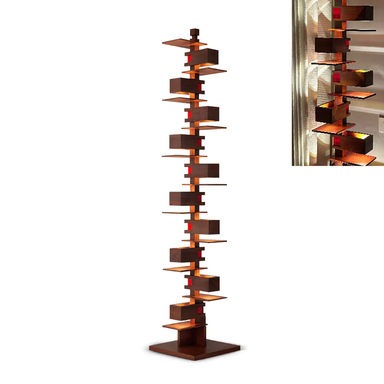 Modern Taliesin Style Stacked Wood Box Floor Lamp with Warm Ambient Uplight