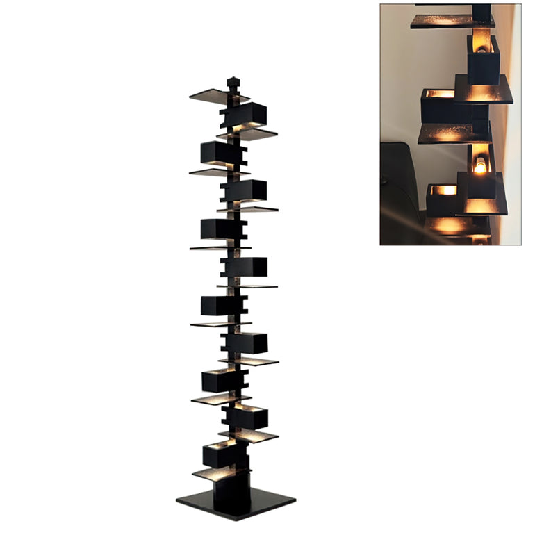 Modern Taliesin Style Stacked Wood Box Floor Lamp with Warm Ambient Uplight