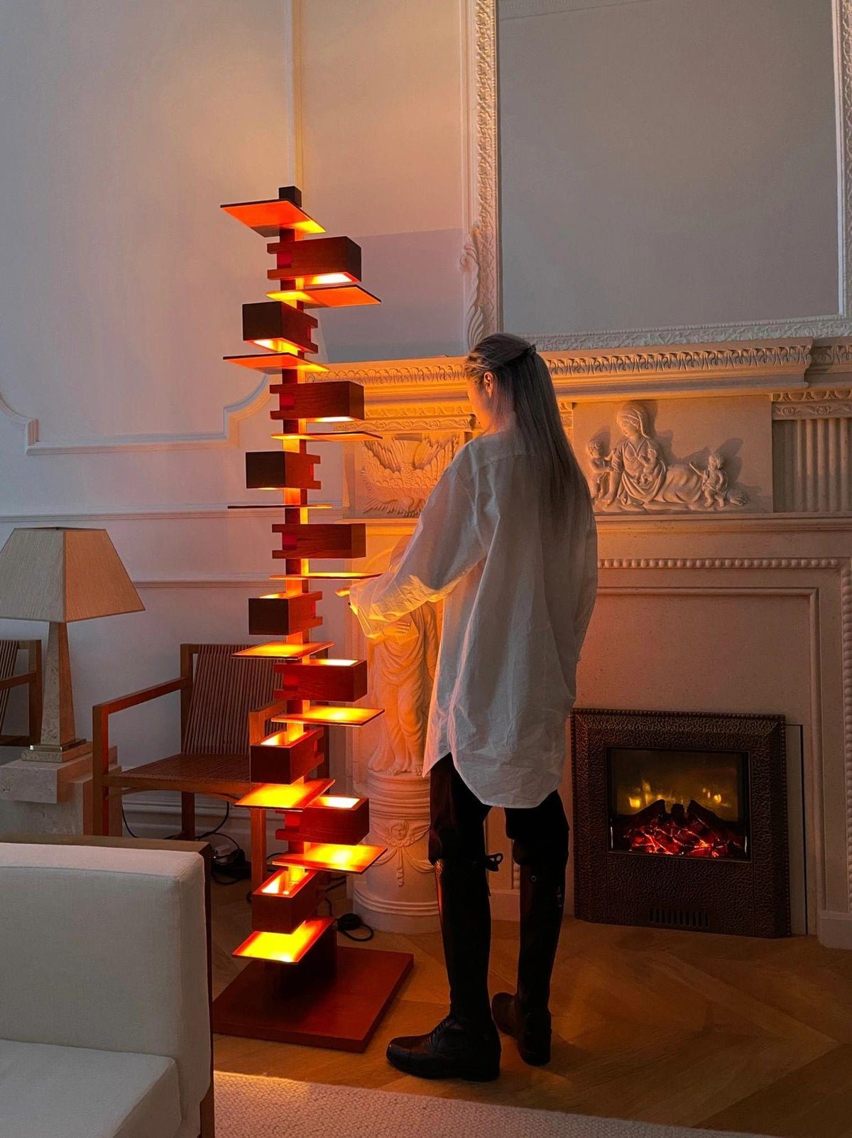 Modern Taliesin Style Stacked Wood Box Floor Lamp with Warm Ambient Uplight