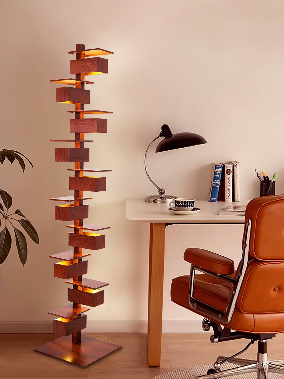 Modern Taliesin Style Stacked Wood Box Floor Lamp with Warm Ambient Uplight