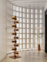 Modern Taliesin Style Stacked Wood Box Floor Lamp with Warm Ambient Uplight