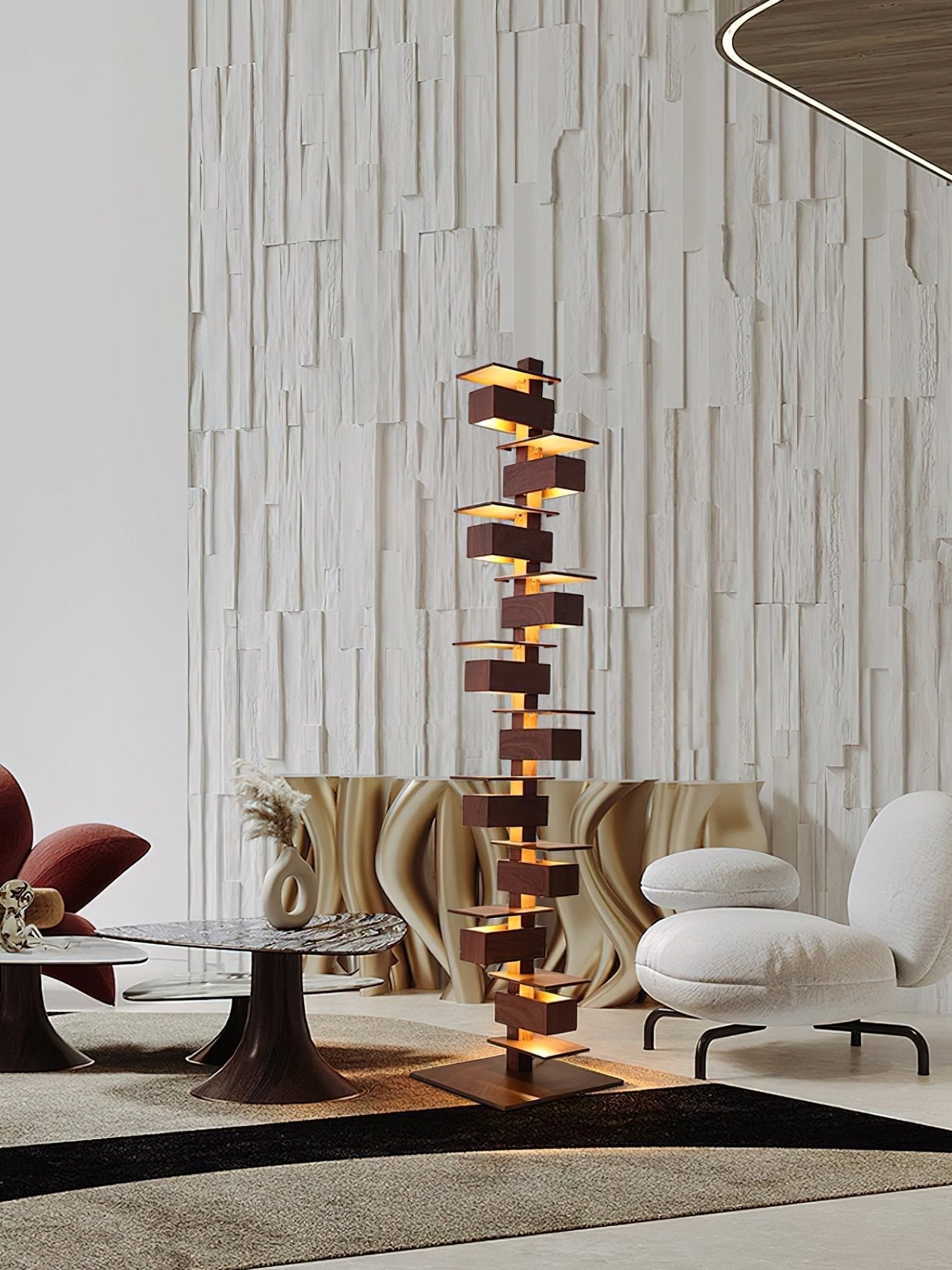 Modern Taliesin Style Stacked Wood Box Floor Lamp with Warm Ambient Uplight