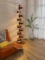 Modern Taliesin Style Stacked Wood Box Floor Lamp with Warm Ambient Uplight