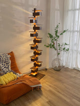 Modern Taliesin Style Stacked Wood Box Floor Lamp with Warm Ambient Uplight