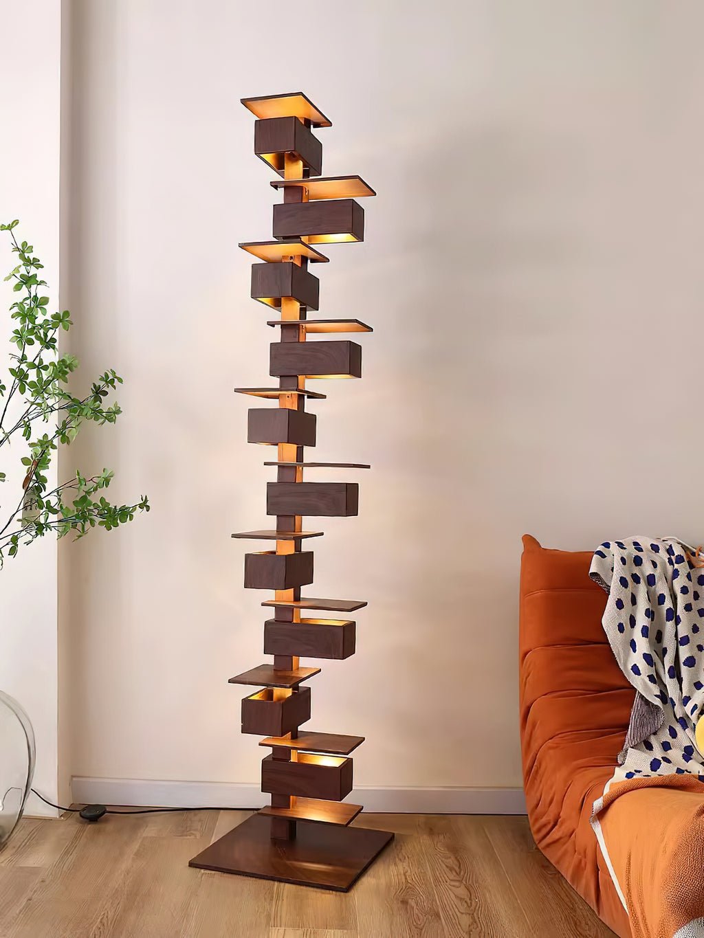 Modern Taliesin Style Stacked Wood Box Floor Lamp with Warm Ambient Uplight
