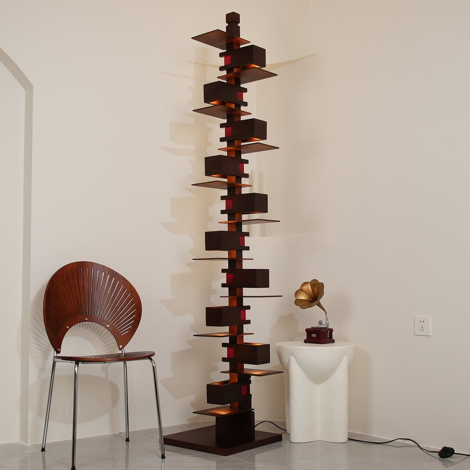 Modern Taliesin Style Stacked Wood Box Floor Lamp with Warm Ambient Uplight