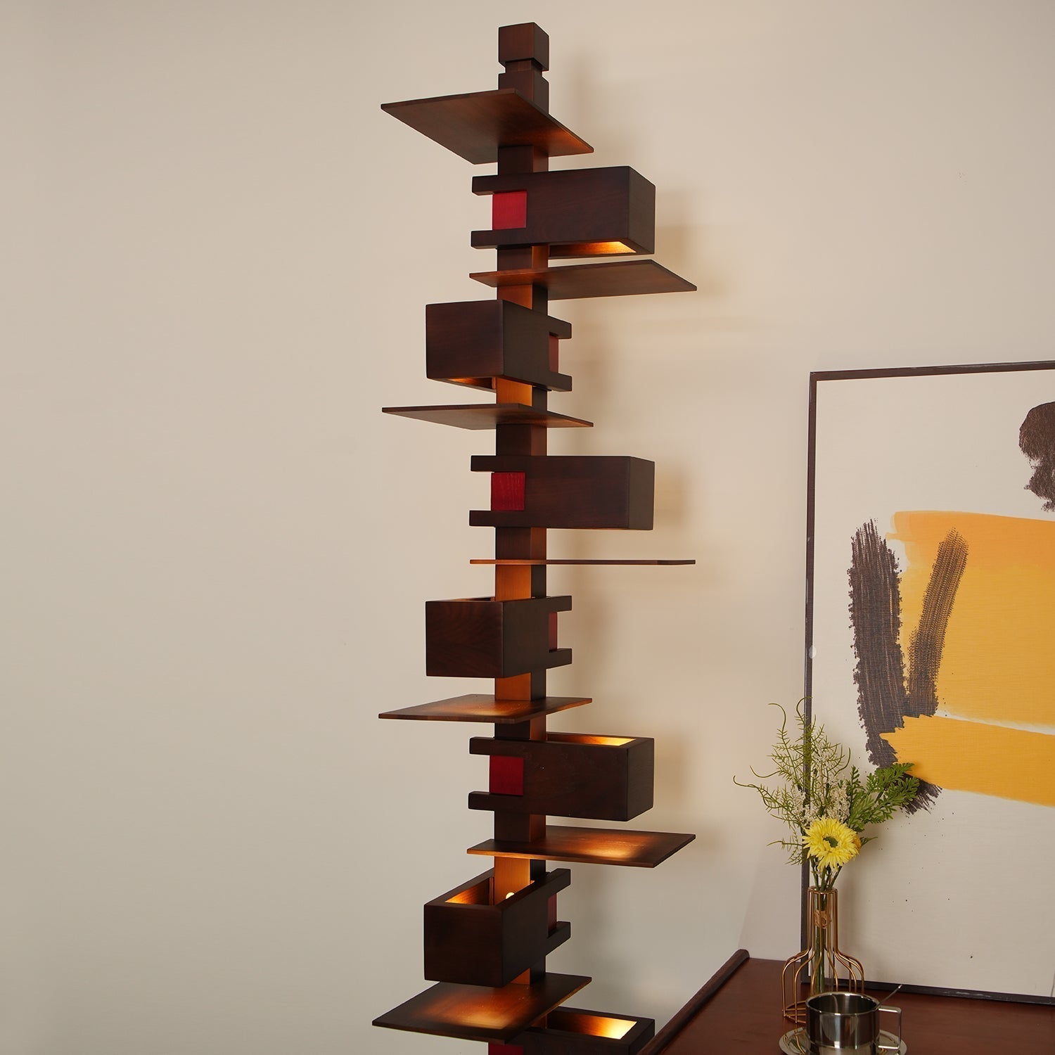 Modern Taliesin Style Stacked Wood Box Floor Lamp with Warm Ambient Uplight