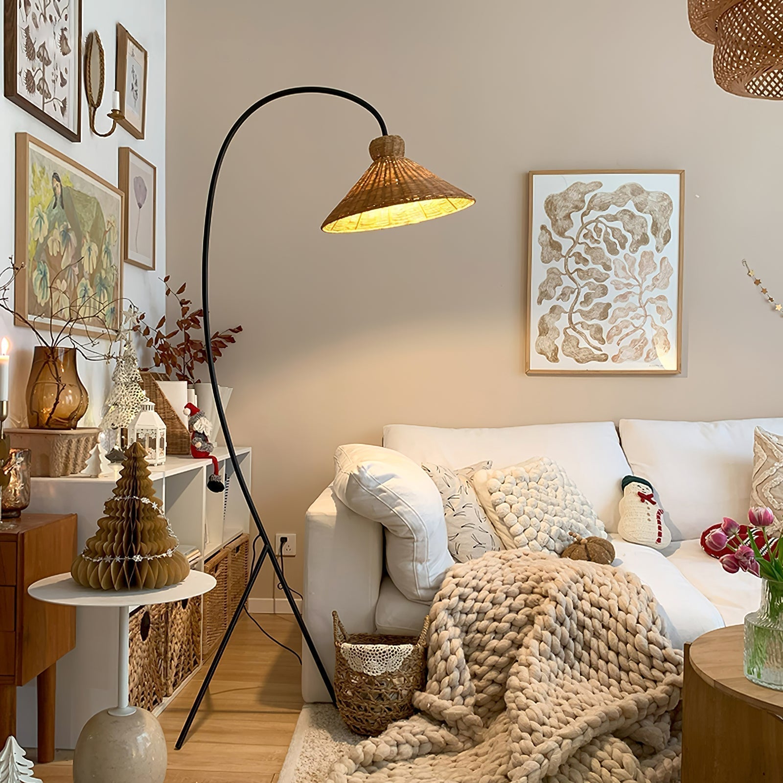 Tana Large Woven Rattan Floor Lamp Bell Shaped Standing Light for Modern Living Room