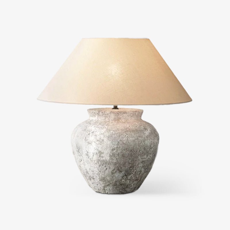 Rustic Weathered White Ceramic Etruscan Urn Table Lamp with Linen Fabric Shade for Bedroom