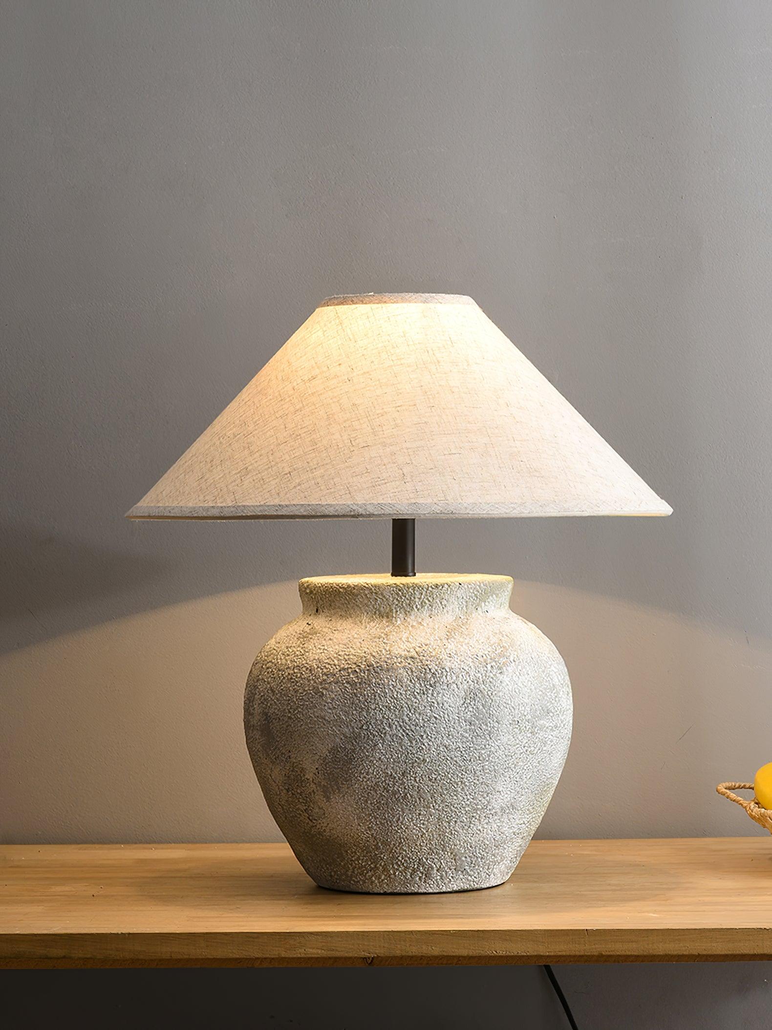 Rustic Weathered White Ceramic Etruscan Urn Table Lamp with Linen Fabric Shade for Bedroom
