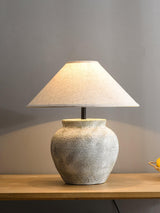 Rustic Weathered White Ceramic Etruscan Urn Table Lamp with Linen Fabric Shade for Bedroom