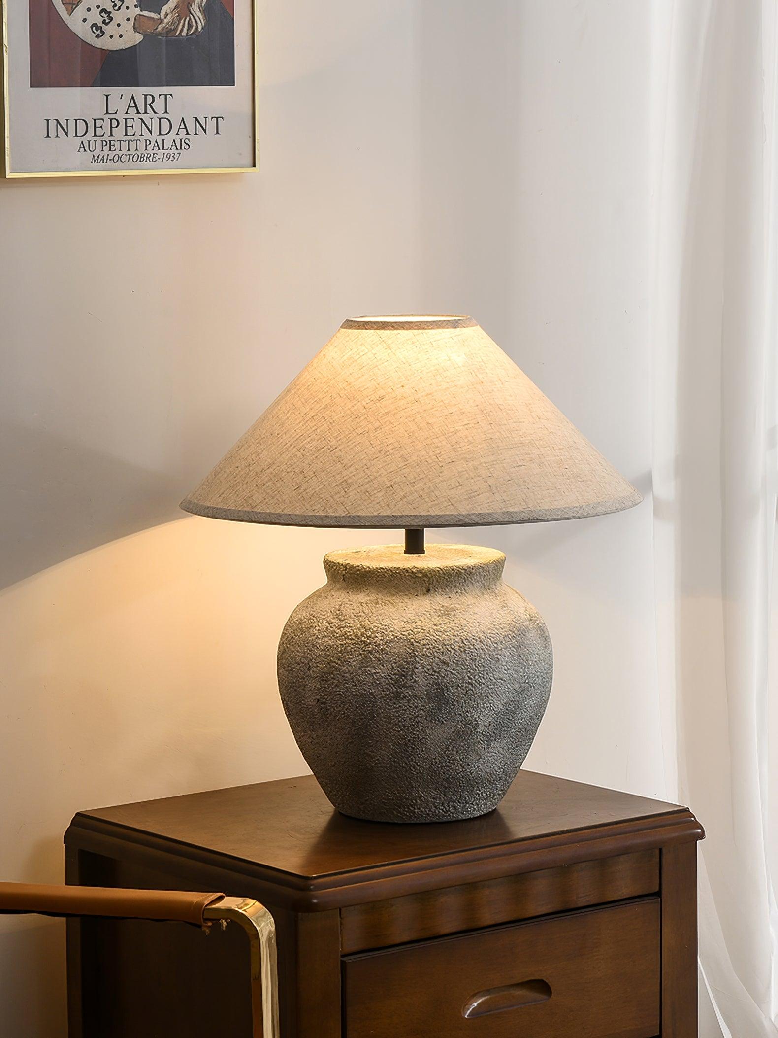 Rustic Weathered White Ceramic Etruscan Urn Table Lamp with Linen Fabric Shade for Bedroom