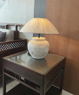 Rustic Weathered White Ceramic Etruscan Urn Table Lamp with Linen Fabric Shade for Bedroom