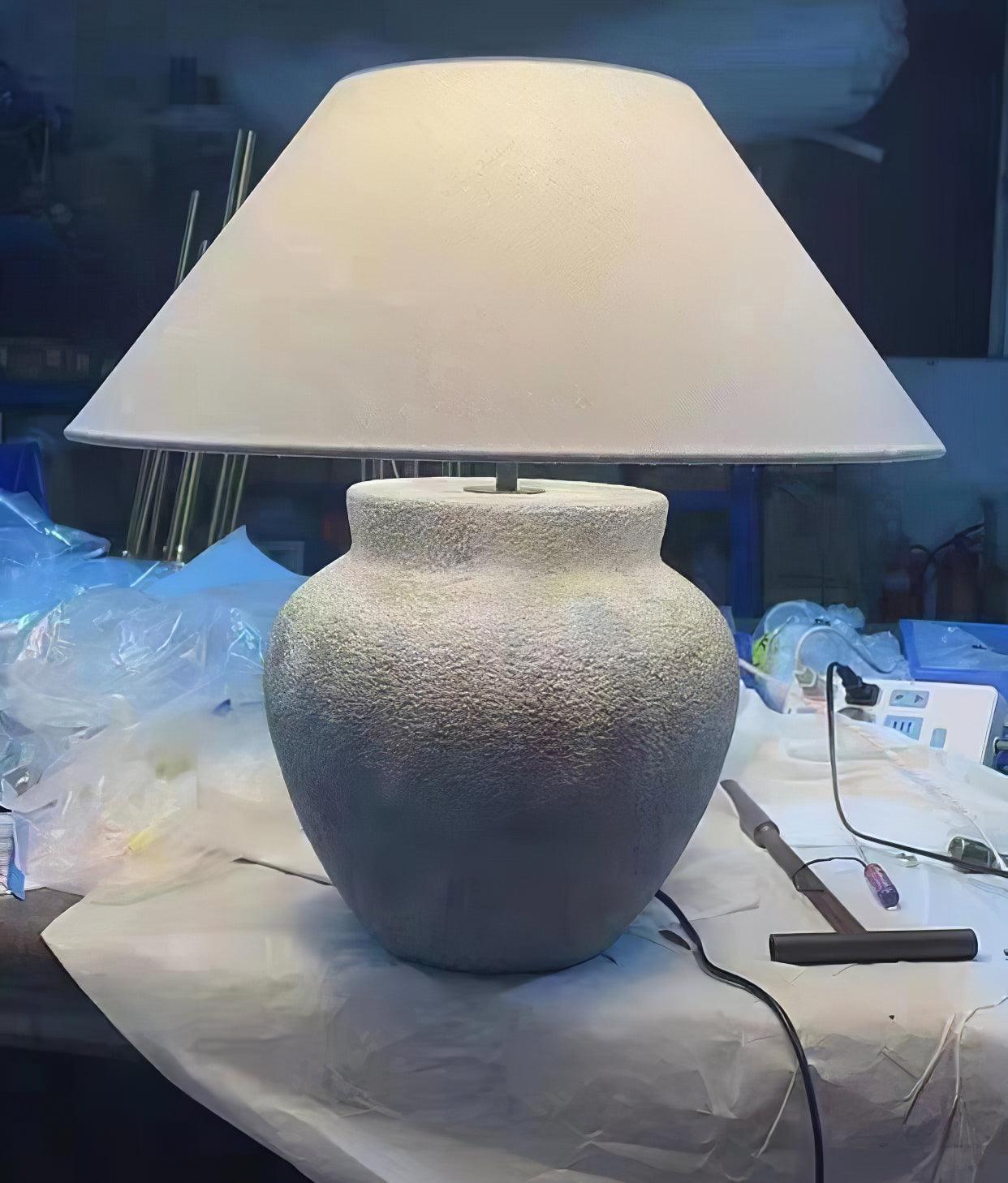 Rustic Weathered White Ceramic Etruscan Urn Table Lamp with Linen Fabric Shade for Bedroom