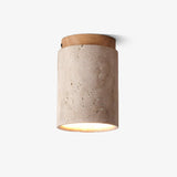 Modern Travertine Stone Cylinder Flush Mount Ceiling Light with Wood Finishes