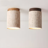 Modern Travertine Stone Cylinder Flush Mount Ceiling Light with Wood Finishes
