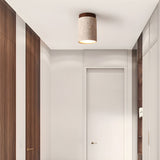 Modern Travertine Stone Cylinder Flush Mount Ceiling Light with Wood Finishes