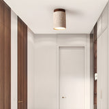 Modern Travertine Stone Cylinder Flush Mount Ceiling Light with Wood Finishes