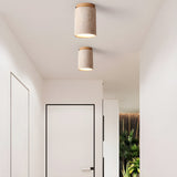 Modern Travertine Stone Cylinder Flush Mount Ceiling Light with Wood Finishes