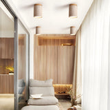Modern Travertine Stone Cylinder Flush Mount Ceiling Light with Wood Finishes