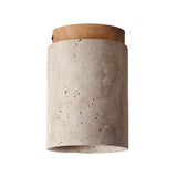 Modern Travertine Stone Cylinder Flush Mount Ceiling Light with Wood Finishes