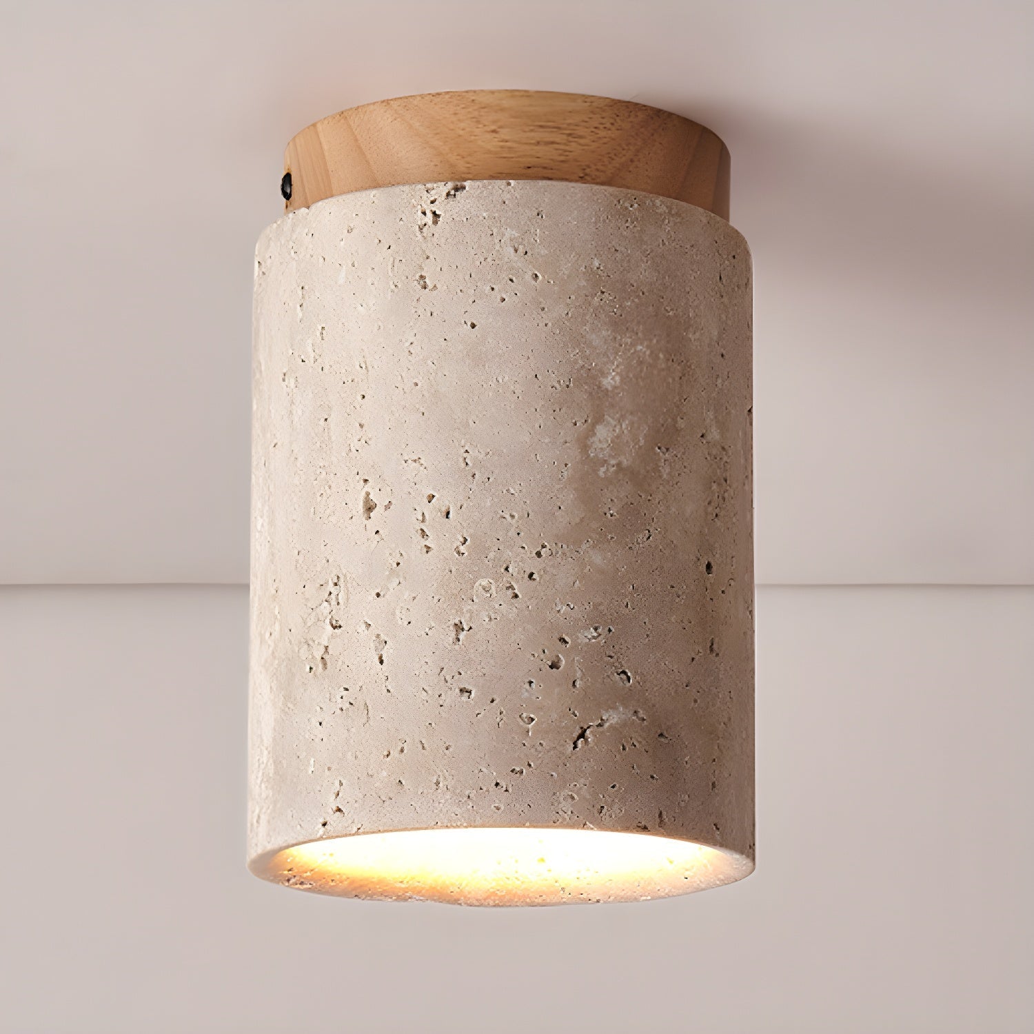 Modern Travertine Stone Cylinder Flush Mount Ceiling Light with Wood Finishes