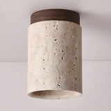 Modern Travertine Stone Cylinder Flush Mount Ceiling Light with Wood Finishes