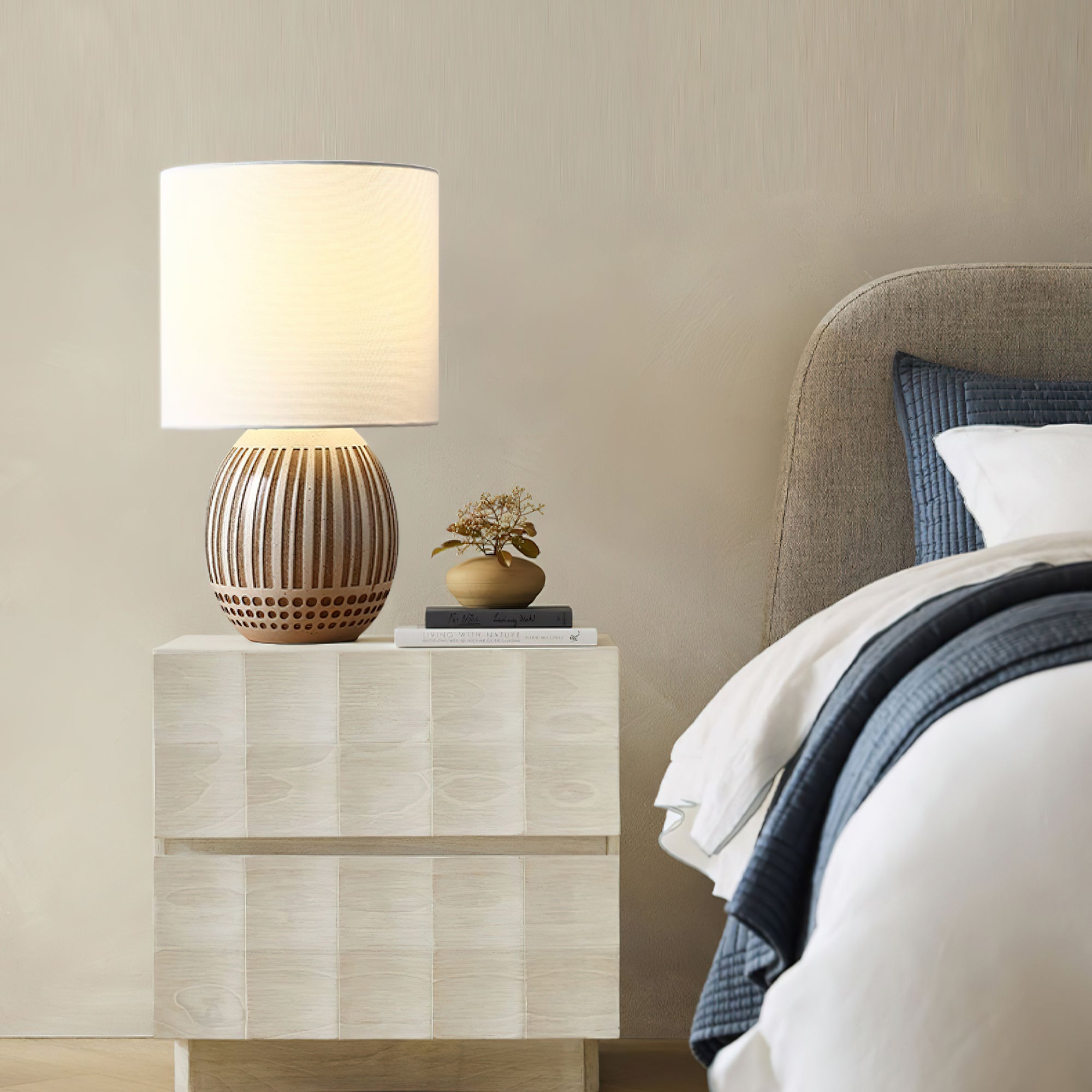 Modern Striped Ceramic Table Lamp with White Shade for Bedside and Living Room Reading