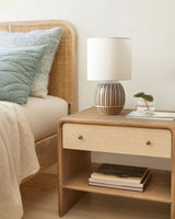 Modern Striped Ceramic Table Lamp with White Shade for Bedside and Living Room Reading