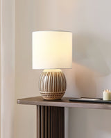 Modern Striped Ceramic Table Lamp with White Shade for Bedside and Living Room Reading