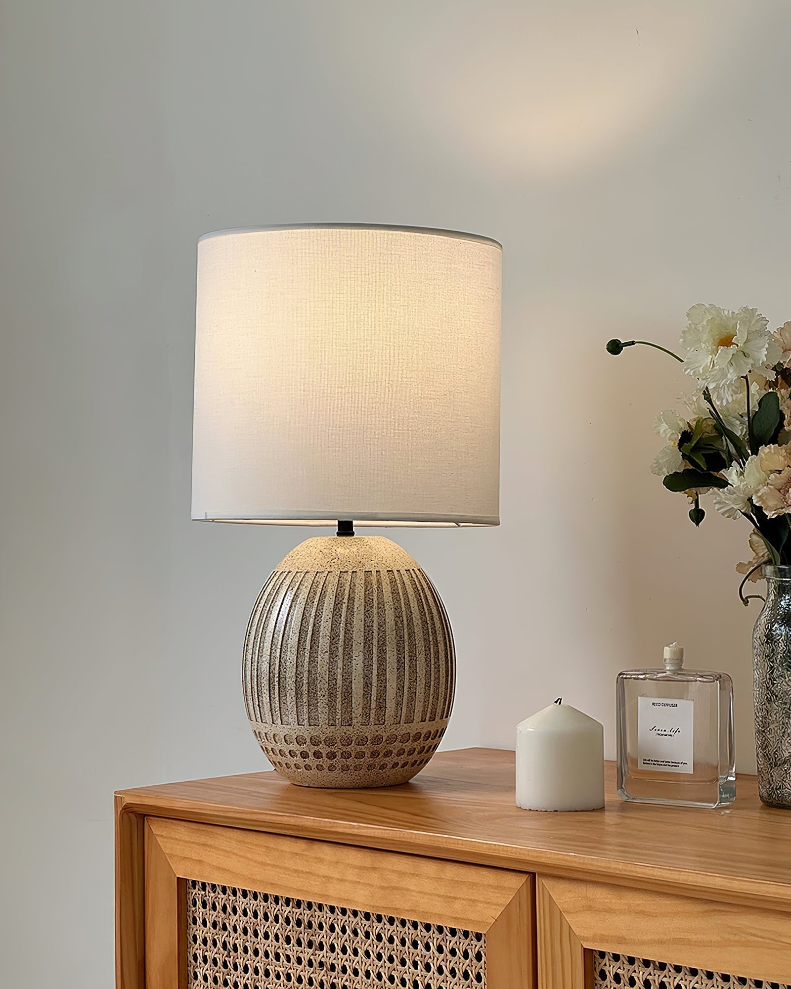 Modern Striped Ceramic Table Lamp with White Shade for Bedside and Living Room Reading