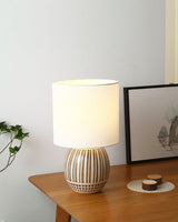 Modern Striped Ceramic Table Lamp with White Shade for Bedside and Living Room Reading