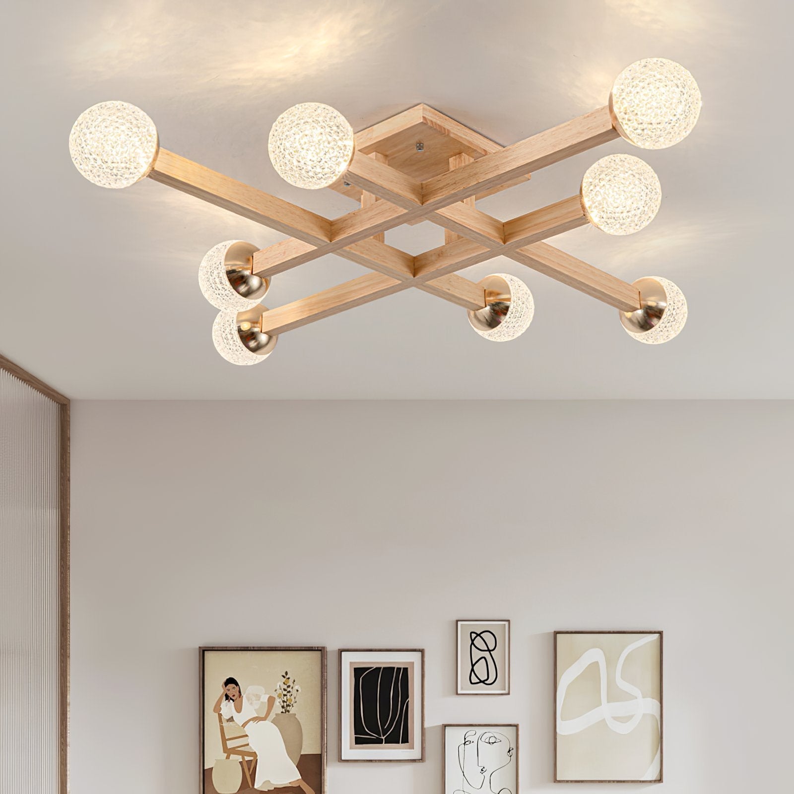 modern-tetrix-wood-flush-mount-ceiling-light-with-white-glass-shades-for-living-room-bedroom