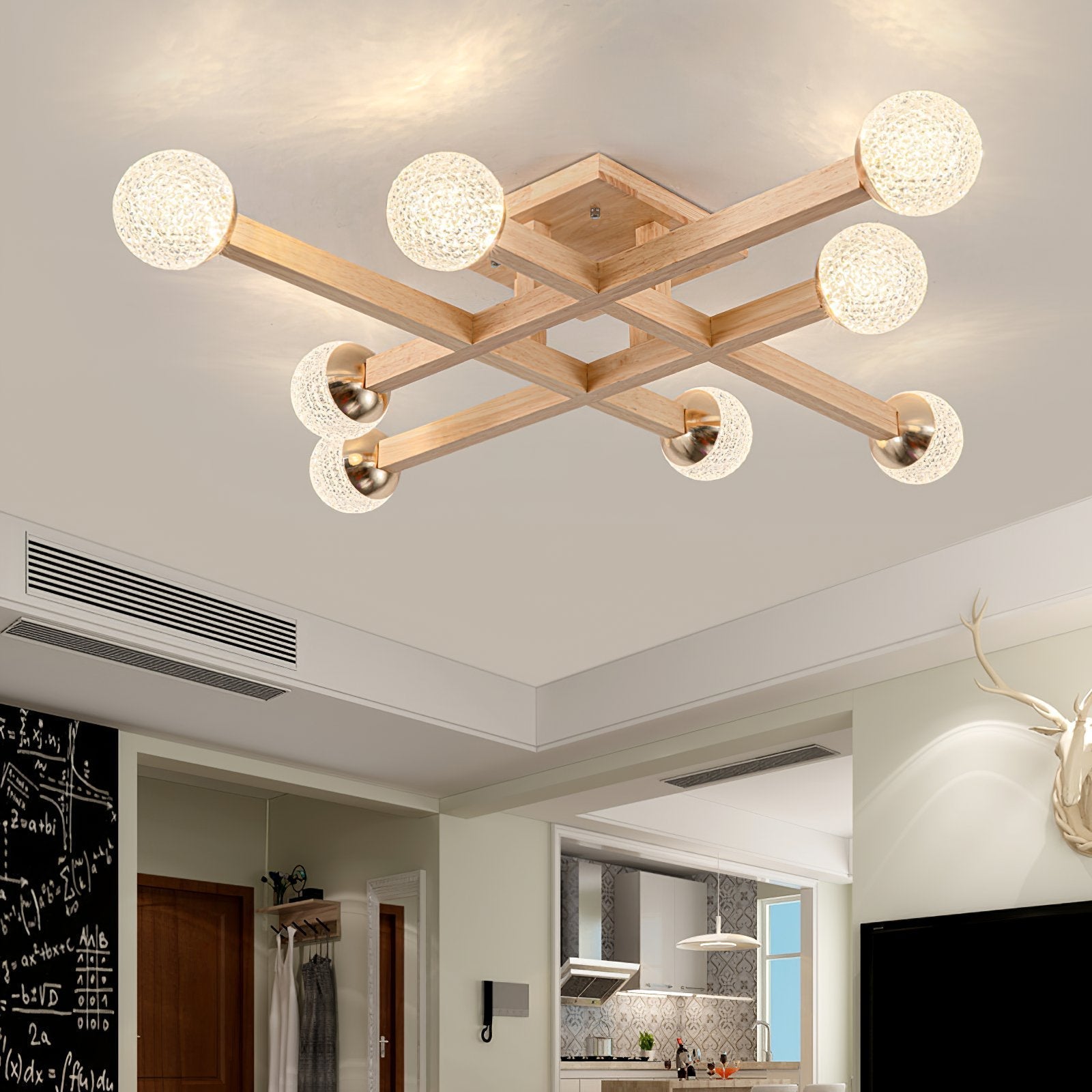 modern-tetrix-wood-flush-mount-ceiling-light-with-white-glass-shades-for-living-room-bedroom