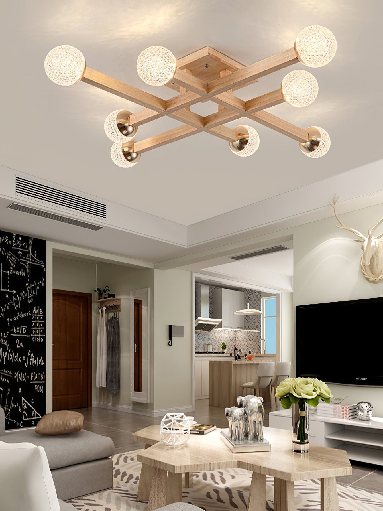 modern-tetrix-wood-flush-mount-ceiling-light-with-white-glass-shades-for-living-room-bedroom