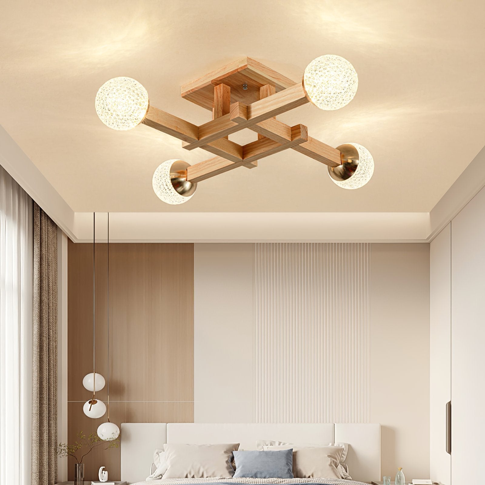 modern-tetrix-wood-flush-mount-ceiling-light-with-white-glass-shades-for-living-room-bedroom