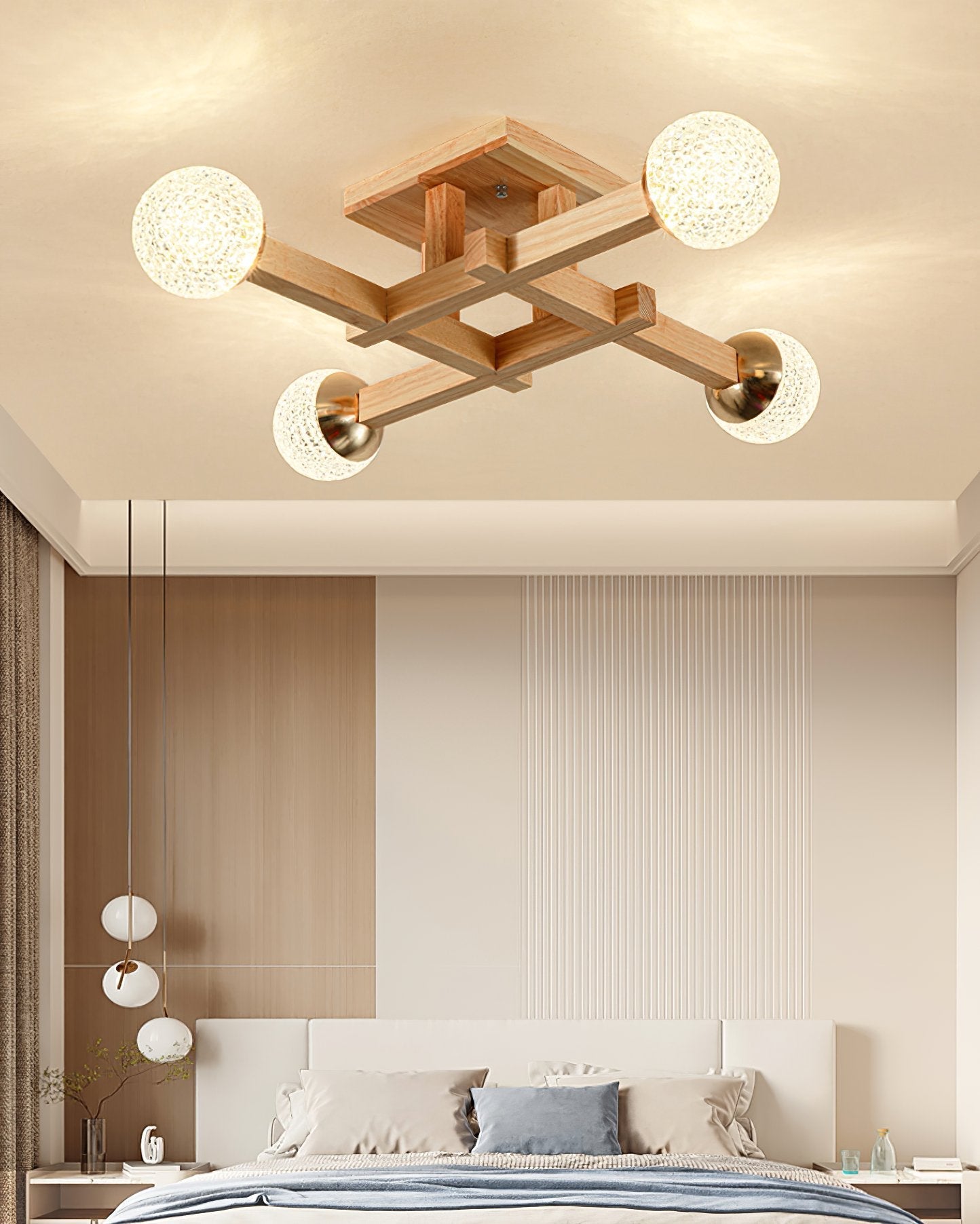 modern-tetrix-wood-flush-mount-ceiling-light-with-white-glass-shades-for-living-room-bedroom